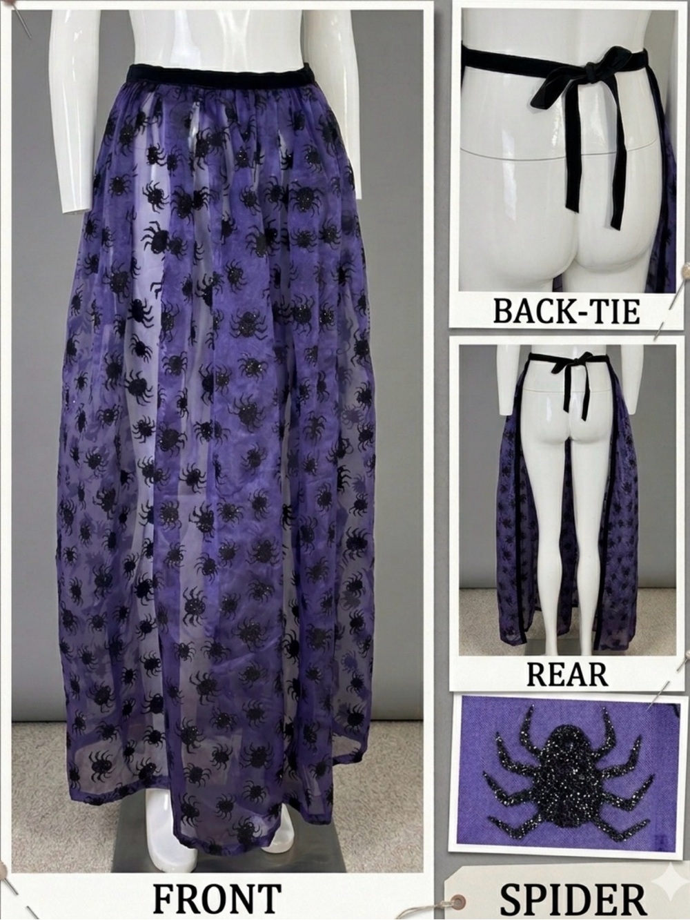 Whimsigoth Purple Spider Over Skirt Open Back Apron Maxi Gothic Mesh Halloween